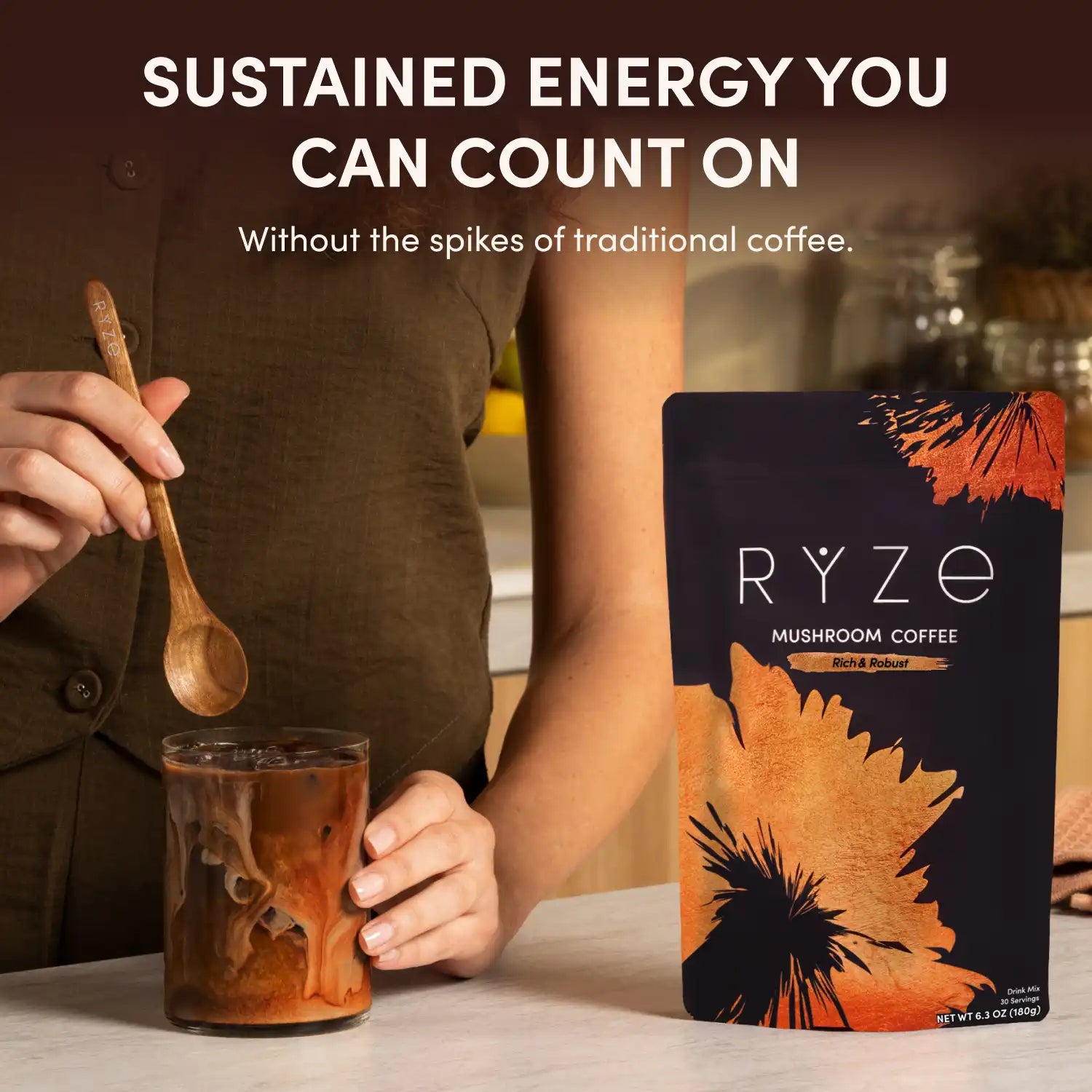 RYZE Mushroom Coffee Dark Roast — Organic Instant Coffee with Cordyceps & Reishi, 30 Servings