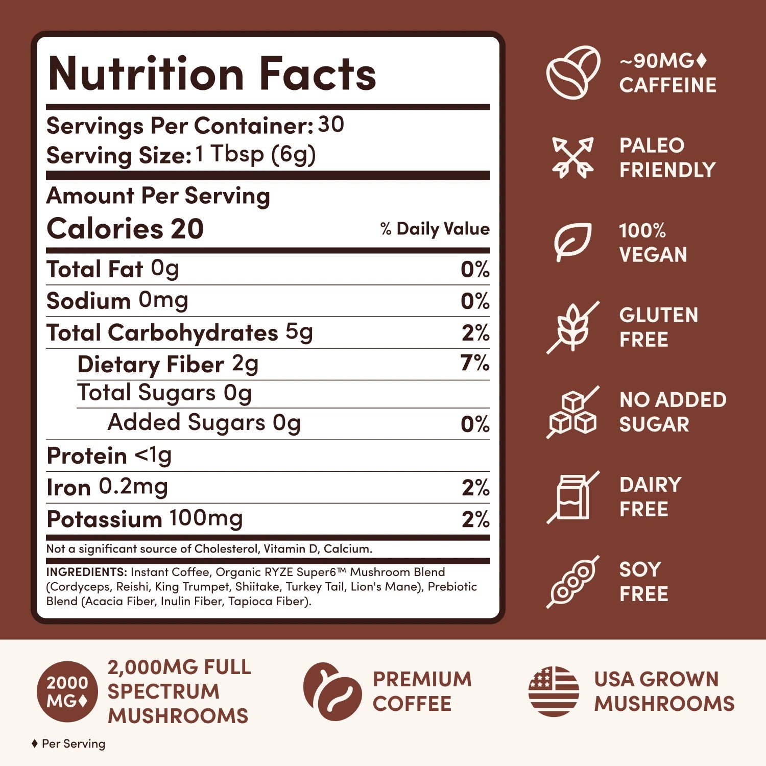 RYZE Mushroom Coffee Dark Roast — Organic Instant Coffee with Cordyceps & Reishi, 30 Servings